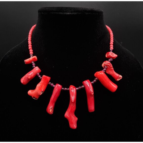 Vintage Genuine Red Coral & Garnet Beaded Necklace - Picture 7 of 7